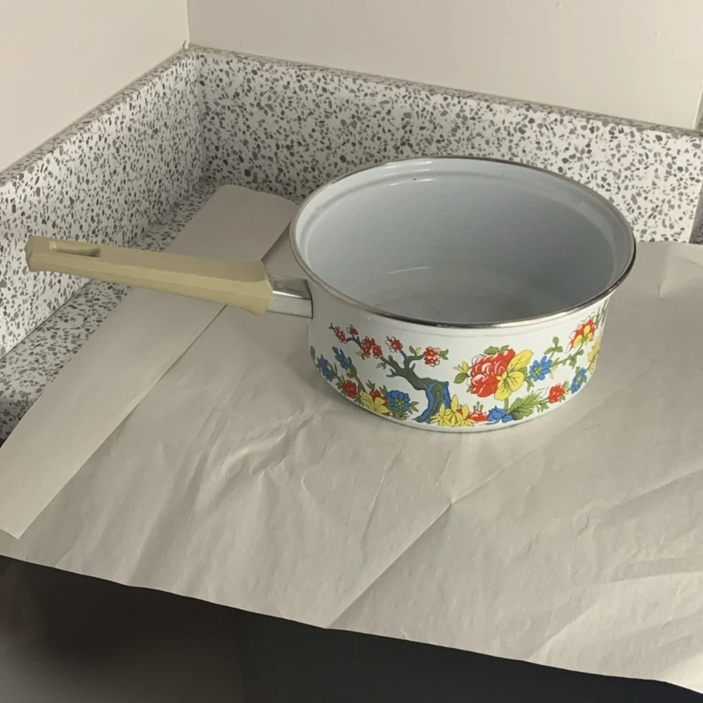 Enamel Floral Saucepan Long Handle White Red Yellow Blue Green
